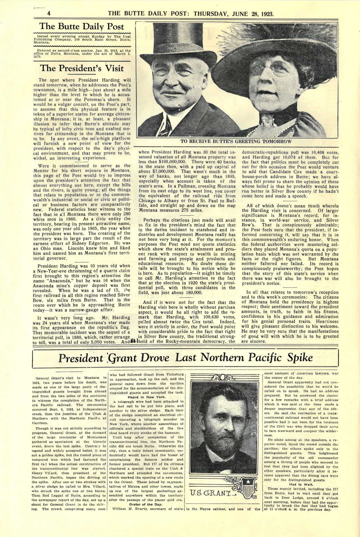 Page 4 of the Butte Daily Post for June 28th, 1923.
